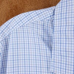 BLOOMINGDALES Shirt Mens Large Blue Tan Grid Check Button Up Slim Fit Stretch